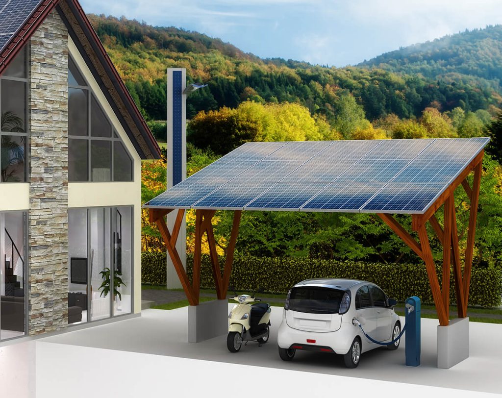 ombriere carport photovoltaique panneau solaire voiture scooter borne recharge maison foret